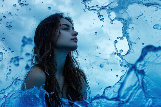 Beauty in Blue: A Refreshing Portrait of a Young, Wet-Faced Female Model