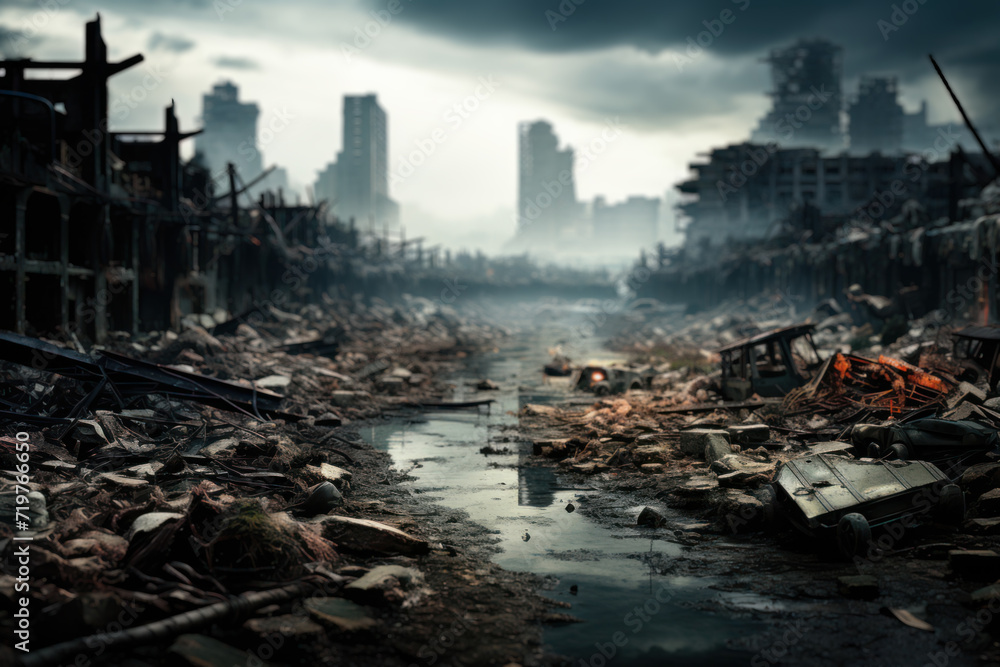 Poster navigate a dystopian cityscape, where cyberpunk elements intertwine with the desolation of an apocal