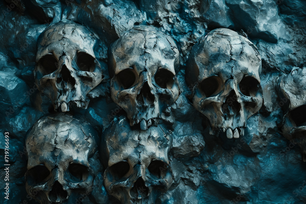 Poster skulls in a cold tone. backdrop for design with selective focus and copy space.