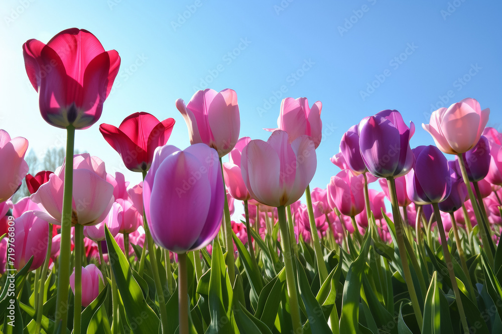 Poster spring tulips with blue sky. backdrop with selective focus and copy space