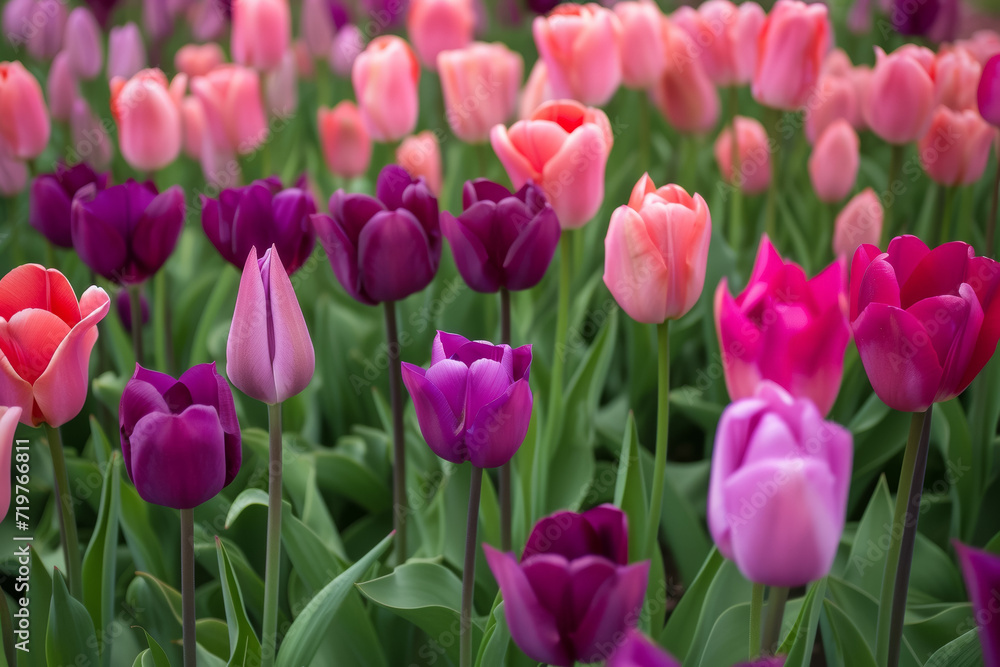 Poster flowerbed with spring tulips. backdrop with selective focus and copy space