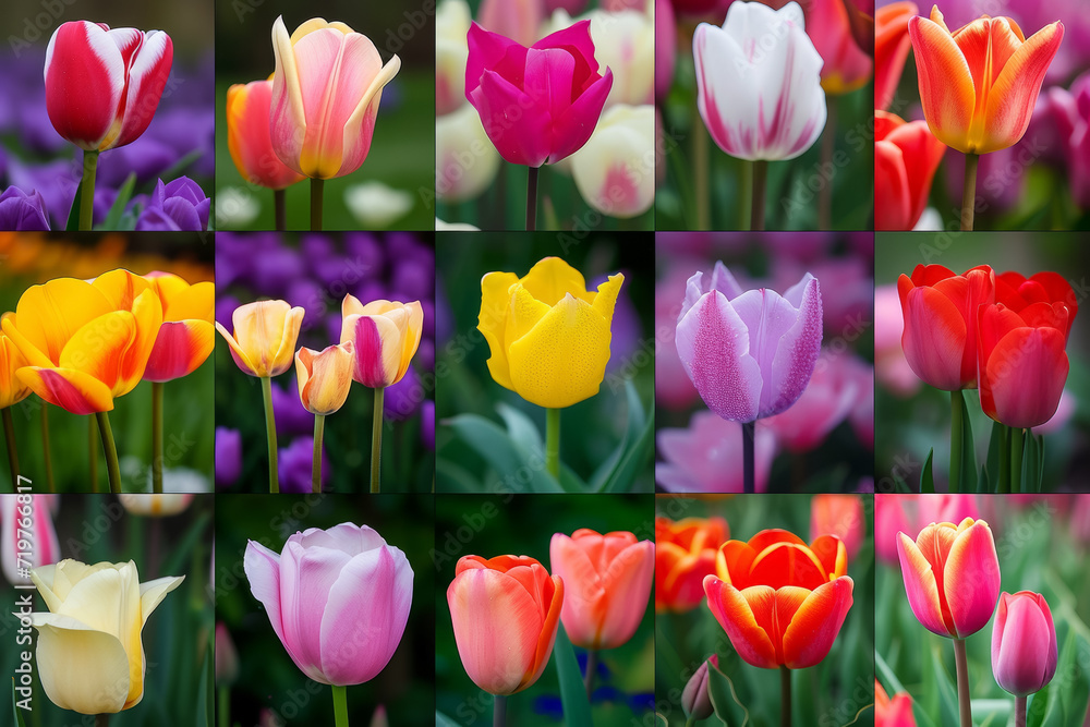Poster collage with spring tulips. backdrop with selective focus and copy space