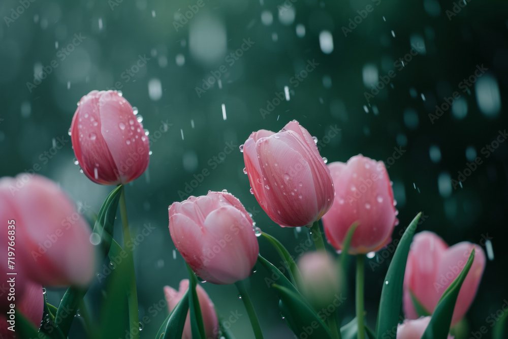 Poster spring tulips in the rain. backdrop with selective focus and copy space