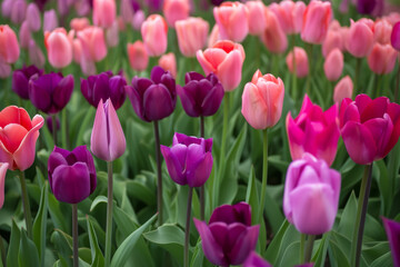 Fototapeta premium Flowerbed with spring tulips. Backdrop with selective focus and copy space