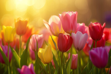 Spring tulips with sunlight. Backdrop with selective focus and copy space
