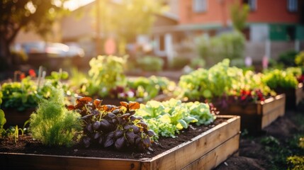Closeup of a community garden filled with raised beds, providing a space for urban residents to grow their own organic produce.