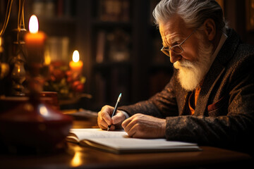 Senior man writing his memoirs, illustrating the process of reflecting on and sharing life experiences. Concept of storytelling and legacy in later life. Generative Ai. - obrazy, fototapety, plakaty