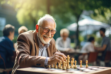Group of seniors playing chess in a park, capturing strategic thinking and social interaction. Concept of cognitive engagement and community in aging. Generative Ai. - obrazy, fototapety, plakaty