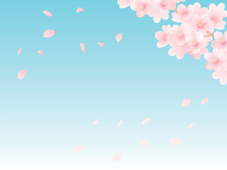 満開の桜、花びら、青空の背景_水彩イラスト_かわいい春の花素材