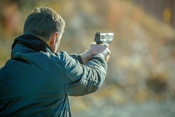 A man at a shooting range. Backdrop with selective focus and copy space