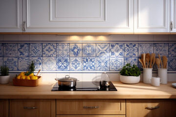 Fototapeta na wymiar Creating a personalized kitchen backsplash with artistic tiles. Concept of home renovation and interior design. Generative Ai.