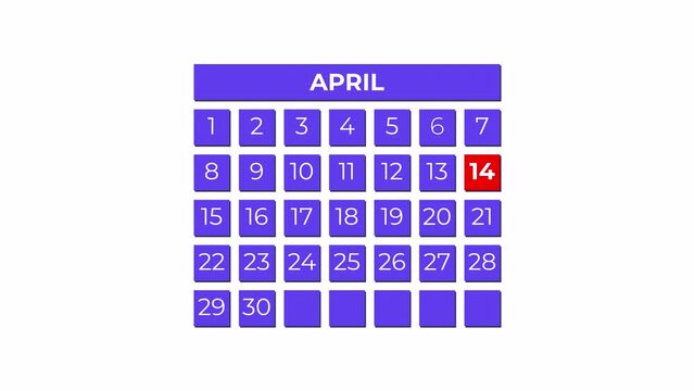 14th April calendar icon animation. Alpha matte with transparent background 4K resolution.