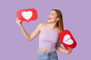 Beautiful young woman with heart like and dislike icons on purple background