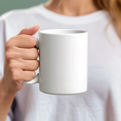 Woman hand holding a blank white coffee cup mockup template  with copy space for text, cup of tea, ceramic cup of coffee