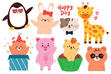 hand drawing cartoon animals. cute animal doodle for sticker, icon. cute animal sticker set