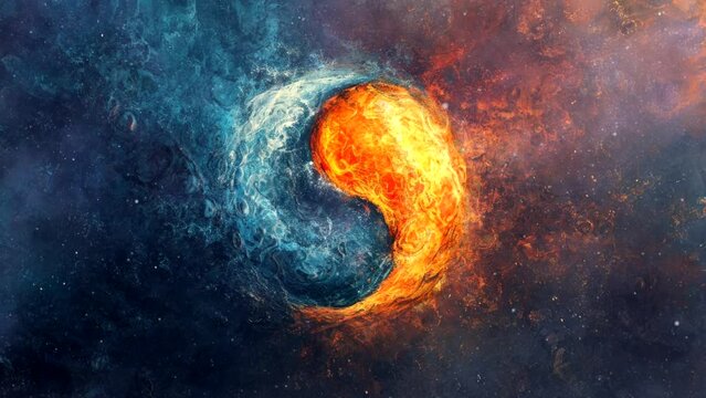 yin yang symbol with water and fire in unity video looping background 