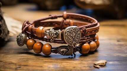 A photo showcasing a handcrafted leather wrap bracelet, combining rustic charm with boho aesthetics.