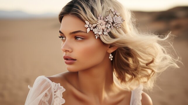 
An image featuring a boho hair comb, on a model, adorned with gemstones and intricate details for a festival-ready look.