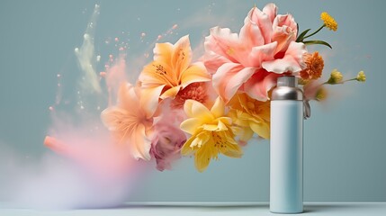 Blue bottle spraying with colorful flowers on blue background. Floral scent concept. Spring awakening concept.