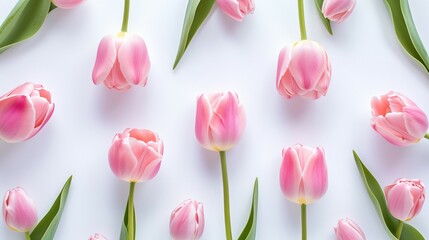 Obraz premium Pink tulip flowers on white background. Flat lay, top view, minimal spring floral pattern composition.