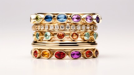 
An image of stackable rings with various gemstones, allowing for personalized and customizable jewelry styling.