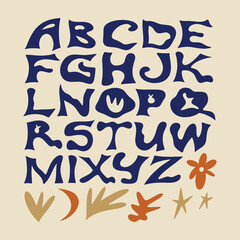 Hippie bohemian groovy postmodern funky font alphabet 1960s boho psychedelic. Perfect for posters, collages, clothing, music albums and more. Vector clipart illustrations, isolated letters. Matisse