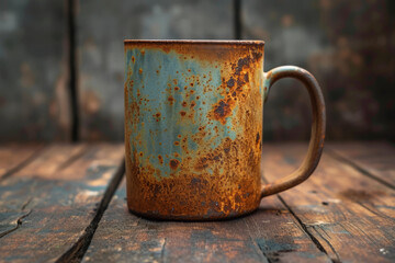 A dented but beloved coffee mug, holding warmth and memories in its flaws. Concept of sentimental value in everyday objects. Generative Ai. - obrazy, fototapety, plakaty