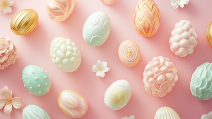 Handmade decorated colorful Easter eggs on pastel pink background. Easter celebration concept.