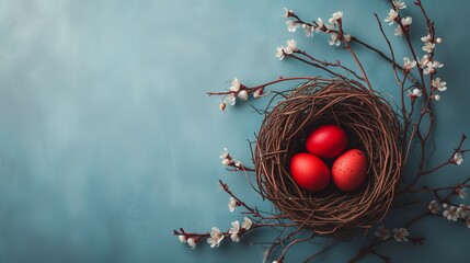Red painted three Easter eggs in the nest made of blooming branches placed on blue background with copy space. Easter celebration concept.