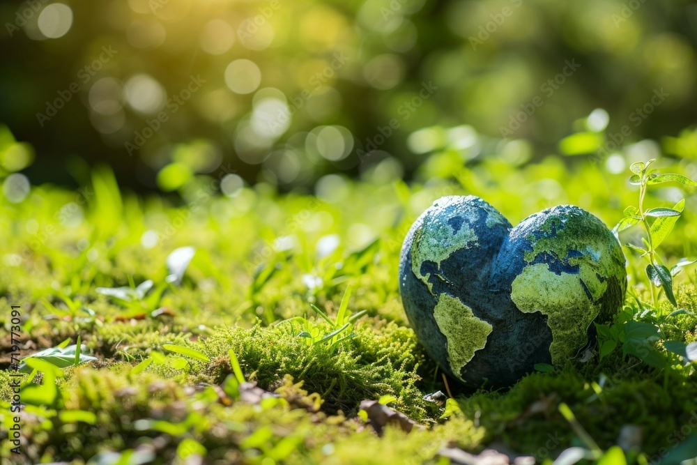 Poster planet earth in the shape of a heart. background with selective focus and copy space