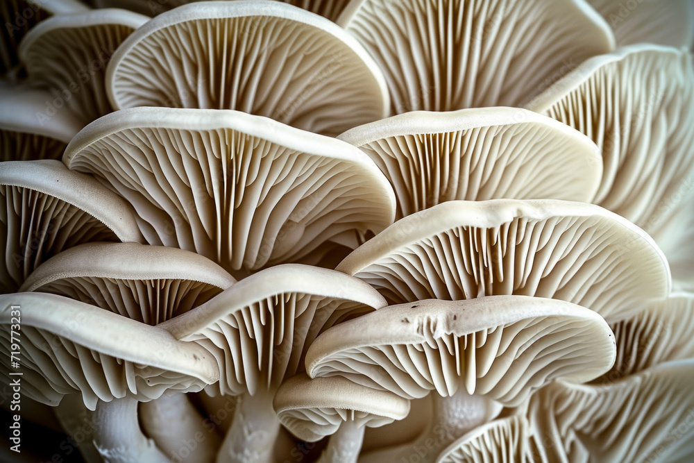 Poster mycelium with mushrooms, bottom view. background with selective focus and copy space