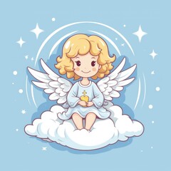 illustration of a cute little angel sitting on a cloud