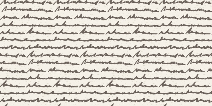Delicate seamless pattern with brown hand written fake text on archival beige textured background. Abstract texture with old cursive for textile design, wrapping paper