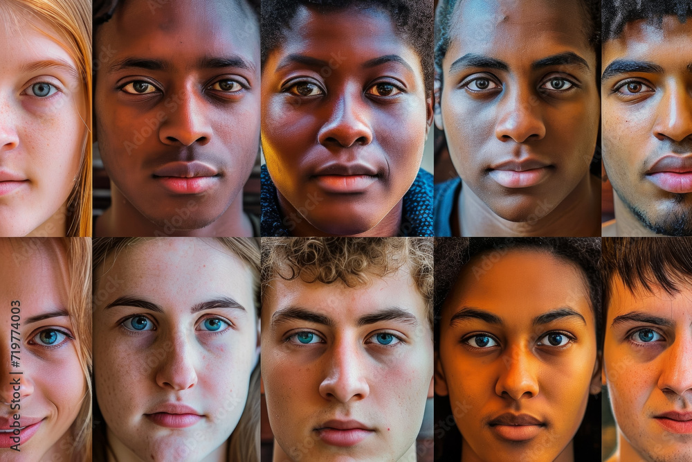 Poster portrait of different people. background with selective focus and copy space