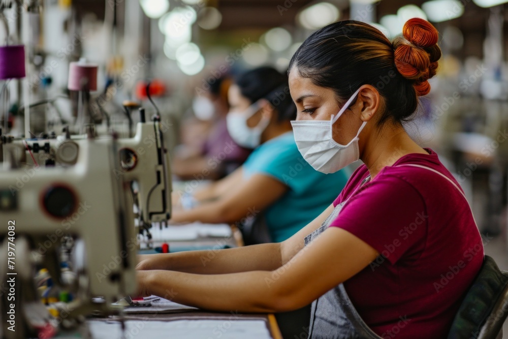 Aufkleber workers at a textile factory. background with selective focus and copy space