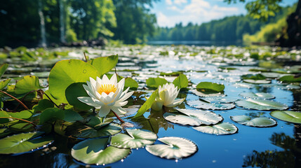 Peaceful pond with lily pads and reflection