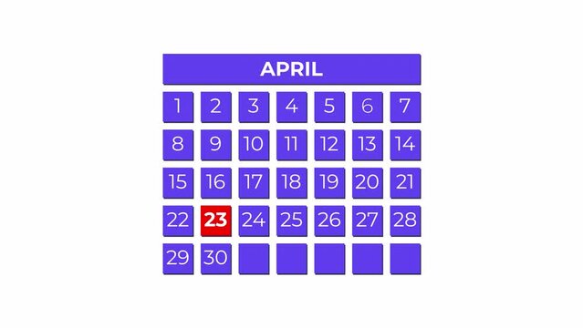 23rd April calendar icon animation. Alpha matte with transparent background 4K resolution.
