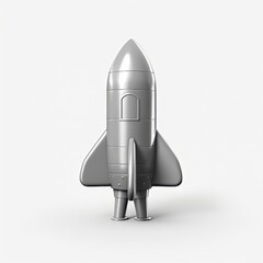 Silver 3D space rocket with modern design on white background.  Concept of space exploration and advanced technology.