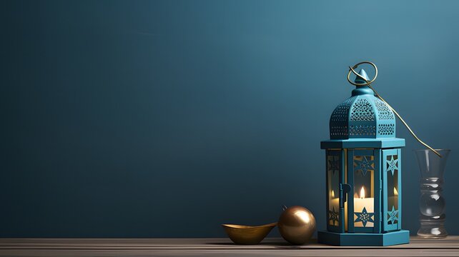 Arabic lantern in serene blue tones, with copy space for text, conveying tranquility and spirituality