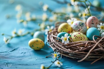 Obraz premium Easter eggs in a basket with flowers on a blue background