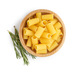 Wooden bowl with raw tortiglioni pasta an d rosemary on white background