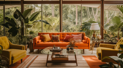 Fototapeta premium Retro Mid-Century Oasis: Living Room with Garden Views