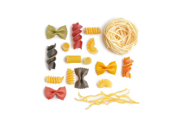 Different kinds of uncooked pasta on white background