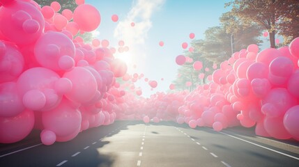 A large mass of pink balloons on the street of the city