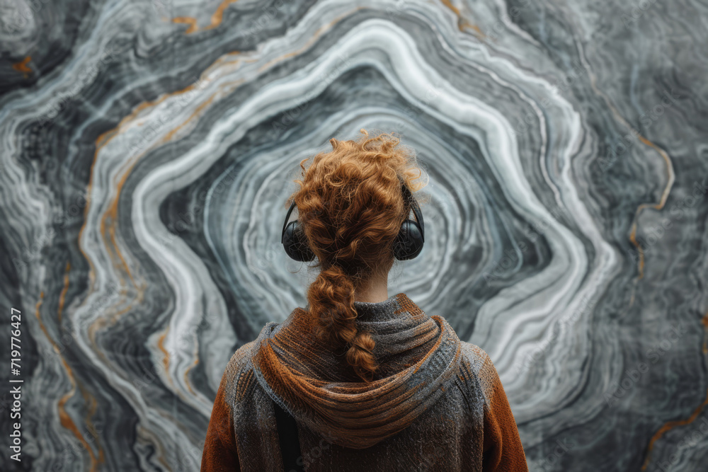 Poster a person observing the patterns of their own thoughts, practicing mindful self-awareness. concept of