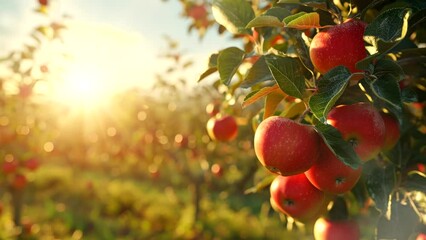 apple tree with red apple fruit on field on golden time sunlight video looping background