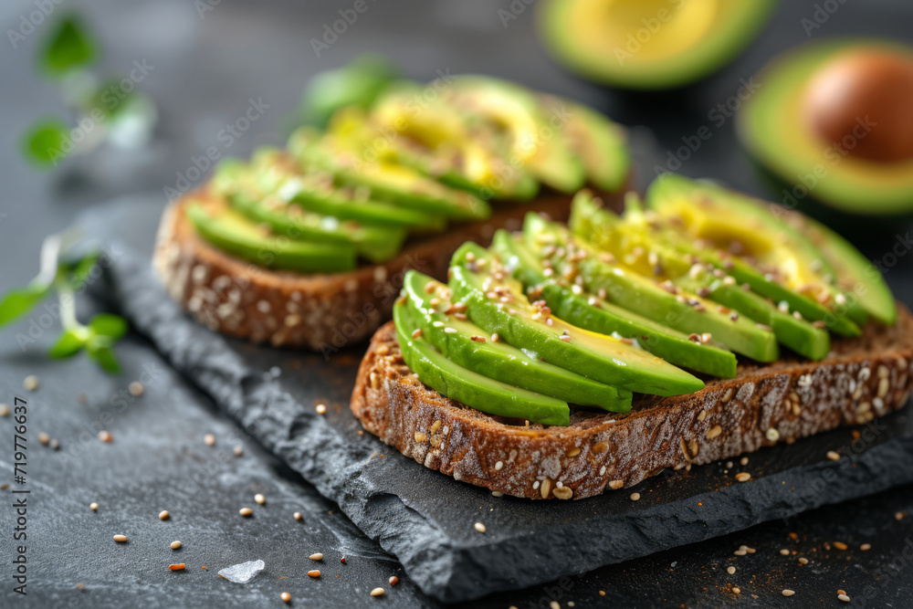 Poster avocado toast on whole grain bread, offering healthy fats and fiber. concept of simple yet nourishin