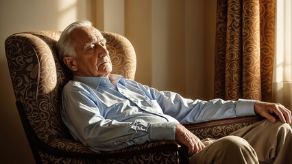 Obraz premium An elderly man with white hair is sitting in a brown armchair. He is wearing a blue shirt and khaki pants. The chair is placed in front of a window with sunlight shining through.