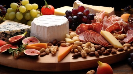 Closeup of a charerie board, displaying a variety of meats, cheeses, and fruits, arranged in a visually appealing pattern.