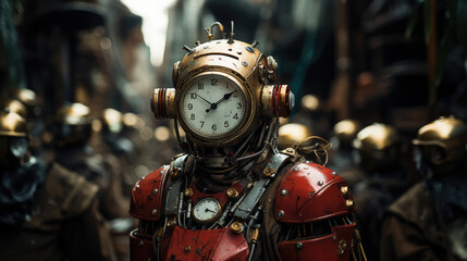 steampunk ai robots march in the street	